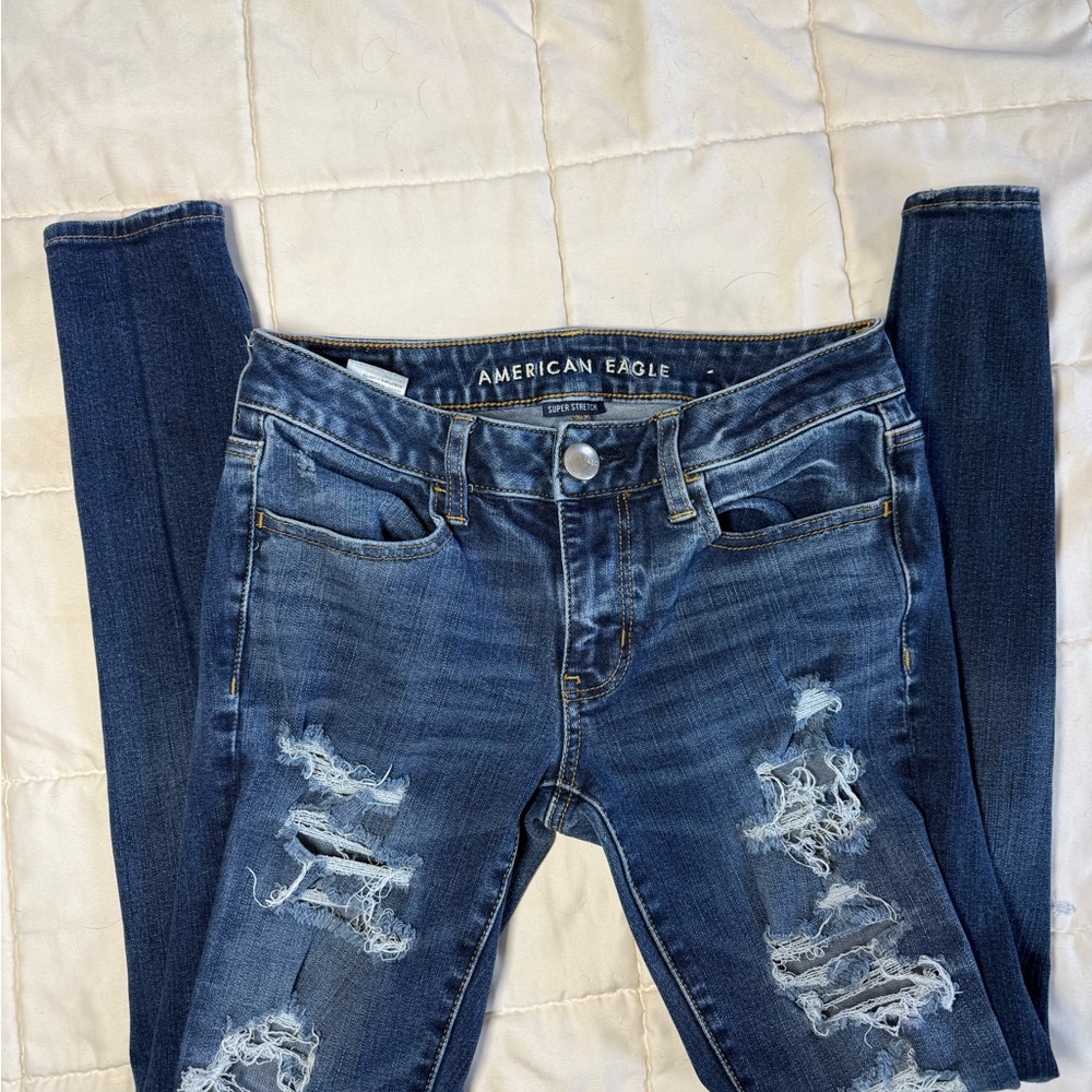 American Eagle Outfitters Women's Dark Blue Ripped Skinny Jeans
